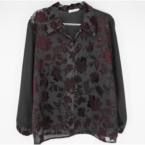 Vintage USA Womens Black Burgundy Burnout Velvet Floral Sheer‎ Button up Blouse